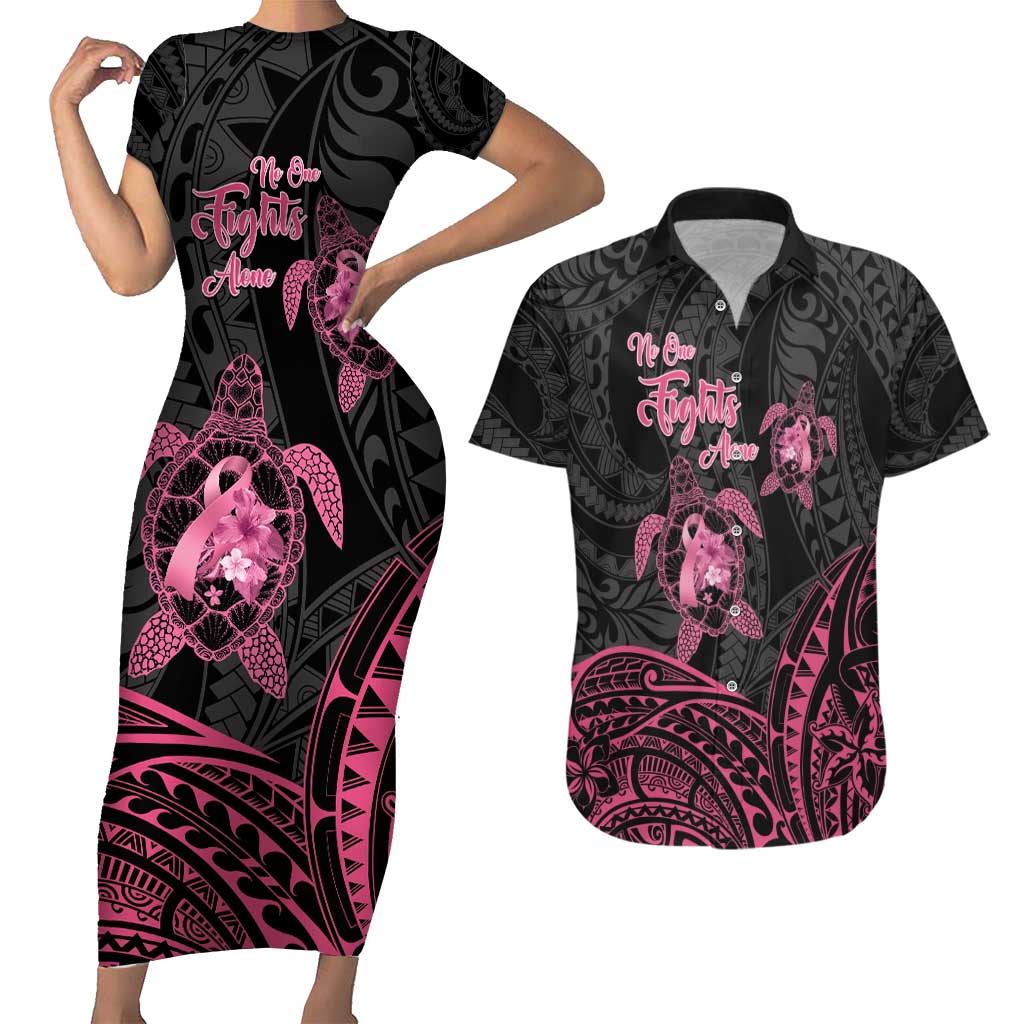 Personalised Polynesia Breast Cancer Awareness Couples Matching Short Sleeve Bodycon Dress and Hawaiian Shirt No One Fights Alone Turtle Ribbon - Black Version