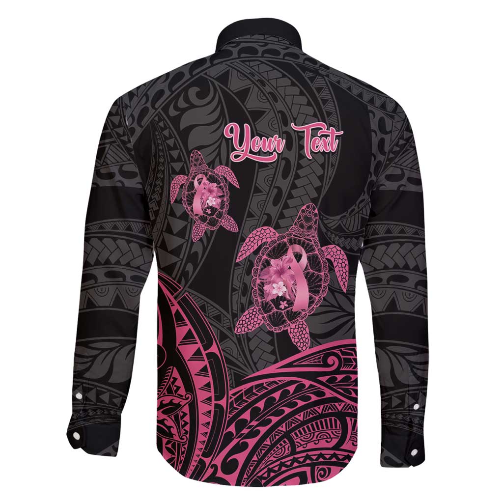 Personalised Polynesia Breast Cancer Awareness Family Matching Long Sleeve Bodycon Dress and Hawaiian Shirt No One Fights Alone Turtle Ribbon - Black Version