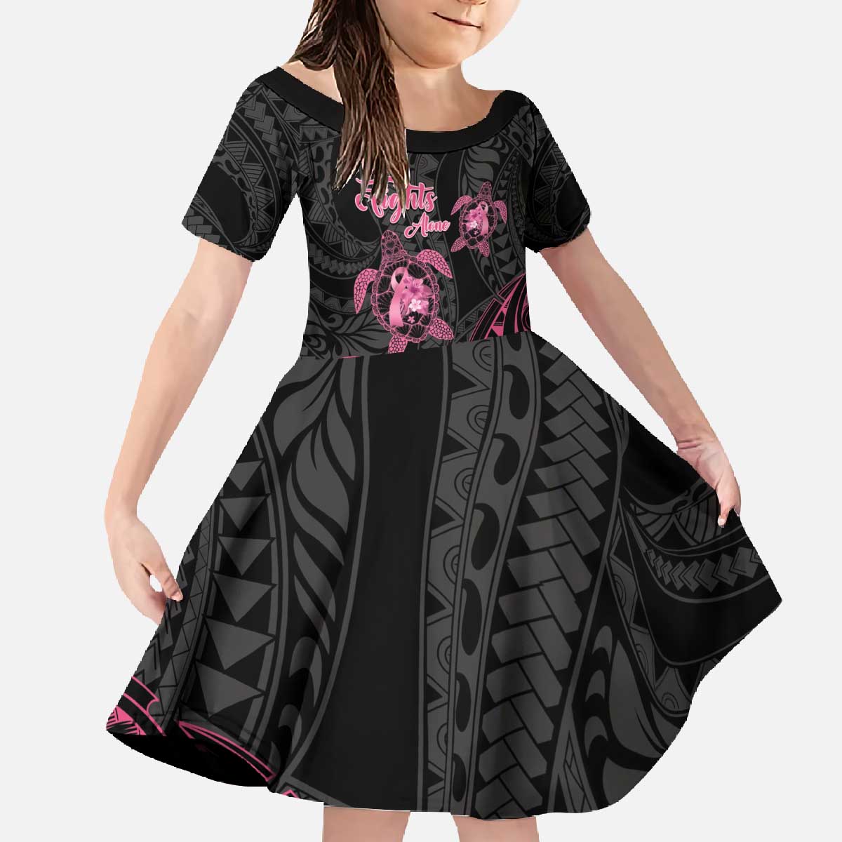 Personalised Polynesia Breast Cancer Awareness Family Matching Off The Shoulder Long Sleeve Dress and Hawaiian Shirt No One Fights Alone Turtle Ribbon - Black Version