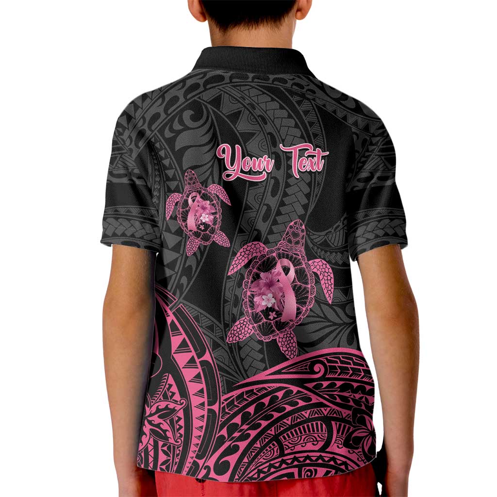 Personalised Polynesia Breast Cancer Awareness Kid Polo Shirt No One Fights Alone Turtle Ribbon - Black Version