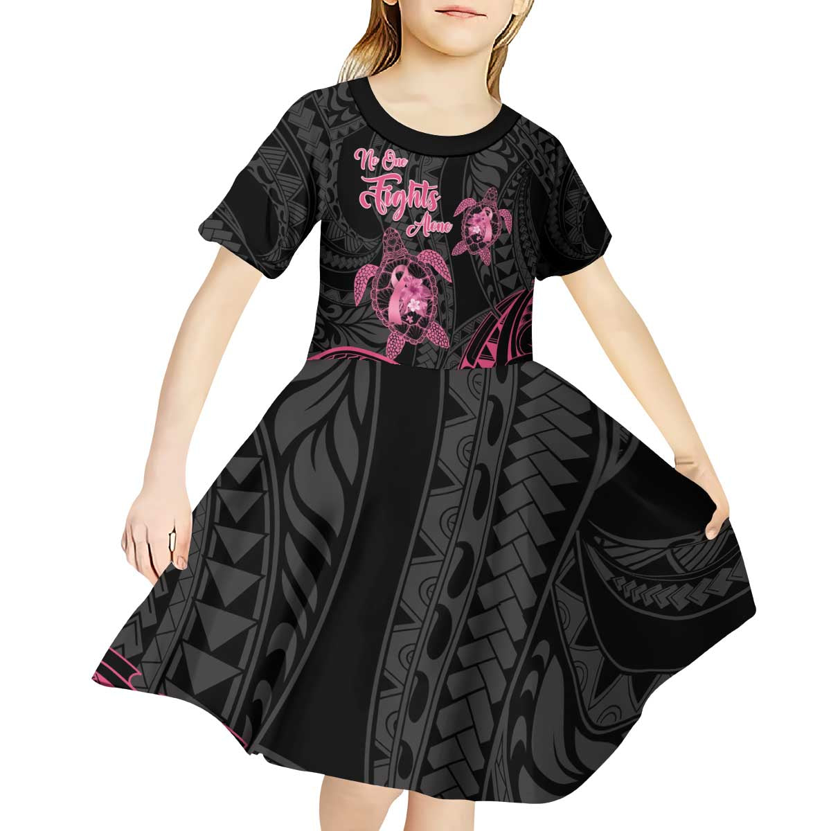 Personalised Polynesia Breast Cancer Awareness Kid Short Sleeve Dress No One Fights Alone Turtle Ribbon - Black Version