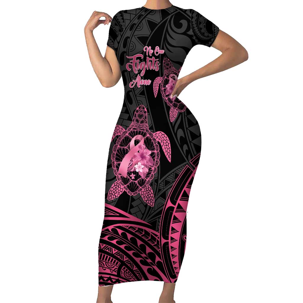 Personalised Polynesia Breast Cancer Awareness Short Sleeve Bodycon Dress No One Fights Alone Turtle Ribbon - Black Version