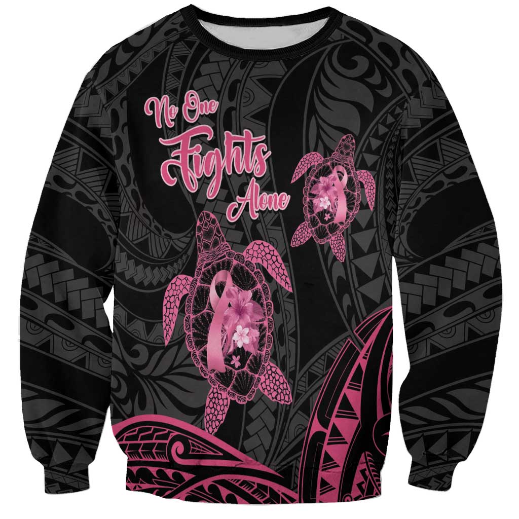 Personalised Polynesia Breast Cancer Awareness Sweatshirt No One Fights Alone Turtle Ribbon - Black Version