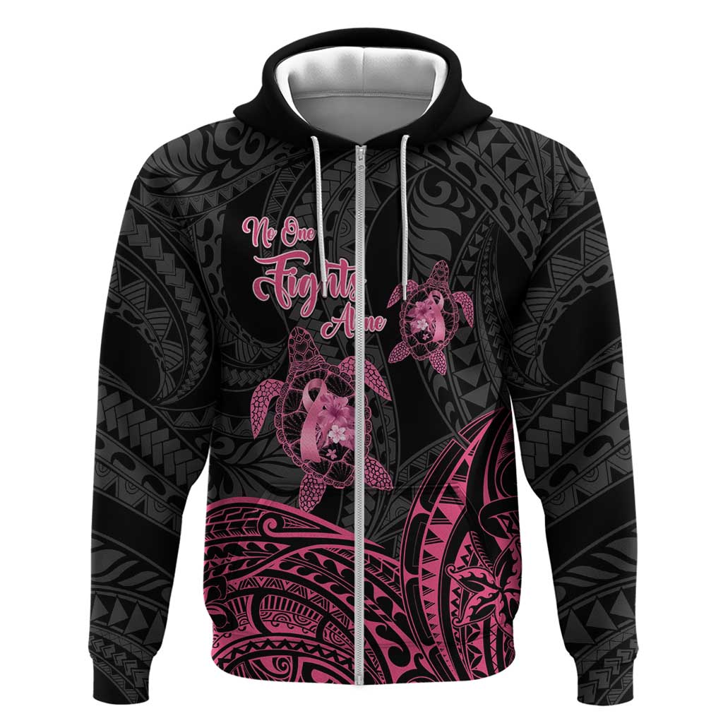 Personalised Polynesia Breast Cancer Awareness Zip Hoodie No One Fights Alone Turtle Ribbon - Black Version