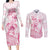 Personalised Polynesia Breast Cancer Awareness Couples Matching Long Sleeve Bodycon Dress and Long Sleeve Button Shirt No One Fights Alone Turtle Ribbon - White Version