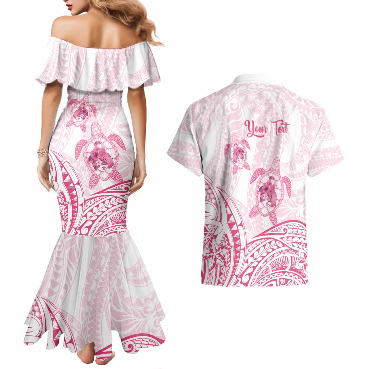 Personalised Polynesia Breast Cancer Awareness Couples Matching Mermaid Dress and Hawaiian Shirt No One Fights Alone Turtle Ribbon - White Version