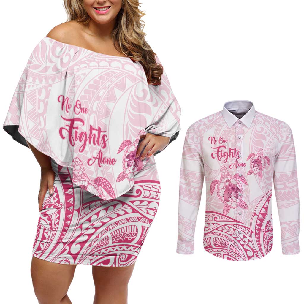 Personalised Polynesia Breast Cancer Awareness Couples Matching Off Shoulder Short Dress and Long Sleeve Button Shirt No One Fights Alone Turtle Ribbon - White Version