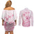 Personalised Polynesia Breast Cancer Awareness Couples Matching Off Shoulder Short Dress and Long Sleeve Button Shirt No One Fights Alone Turtle Ribbon - White Version