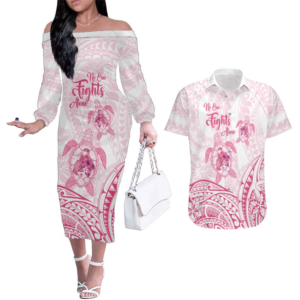 Personalised Polynesia Breast Cancer Awareness Couples Matching Off The Shoulder Long Sleeve Dress and Hawaiian Shirt No One Fights Alone Turtle Ribbon - White Version