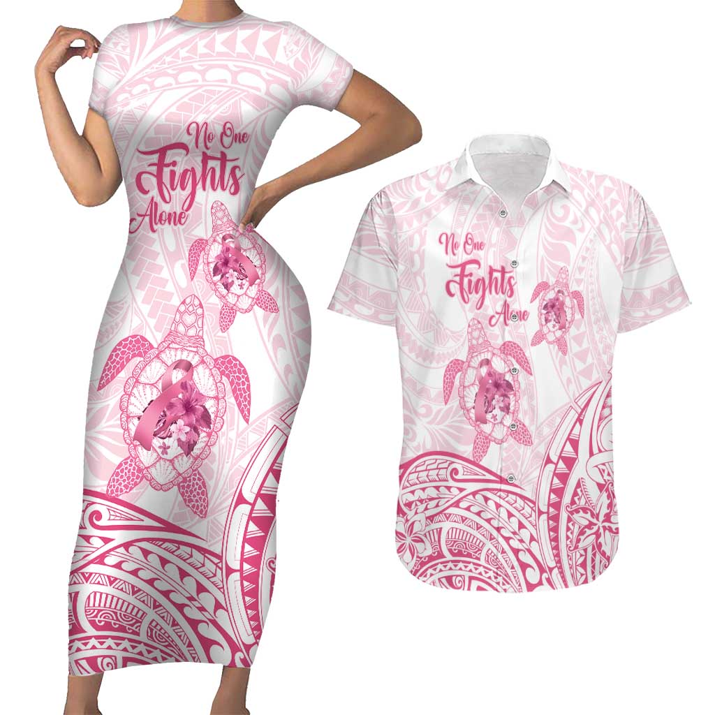 Personalised Polynesia Breast Cancer Awareness Couples Matching Short Sleeve Bodycon Dress and Hawaiian Shirt No One Fights Alone Turtle Ribbon - White Version