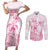 Personalised Polynesia Breast Cancer Awareness Couples Matching Short Sleeve Bodycon Dress and Long Sleeve Button Shirt No One Fights Alone Turtle Ribbon - White Version