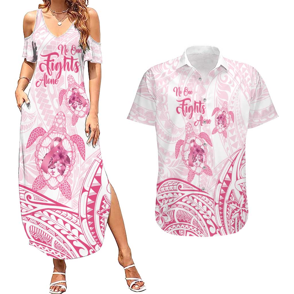 Personalised Polynesia Breast Cancer Awareness Couples Matching Summer Maxi Dress and Hawaiian Shirt No One Fights Alone Turtle Ribbon - White Version