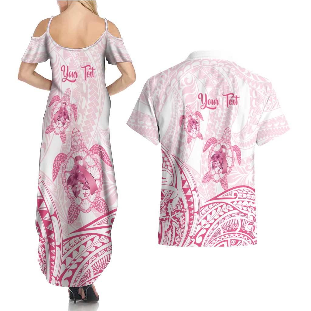 Personalised Polynesia Breast Cancer Awareness Couples Matching Summer Maxi Dress and Hawaiian Shirt No One Fights Alone Turtle Ribbon - White Version