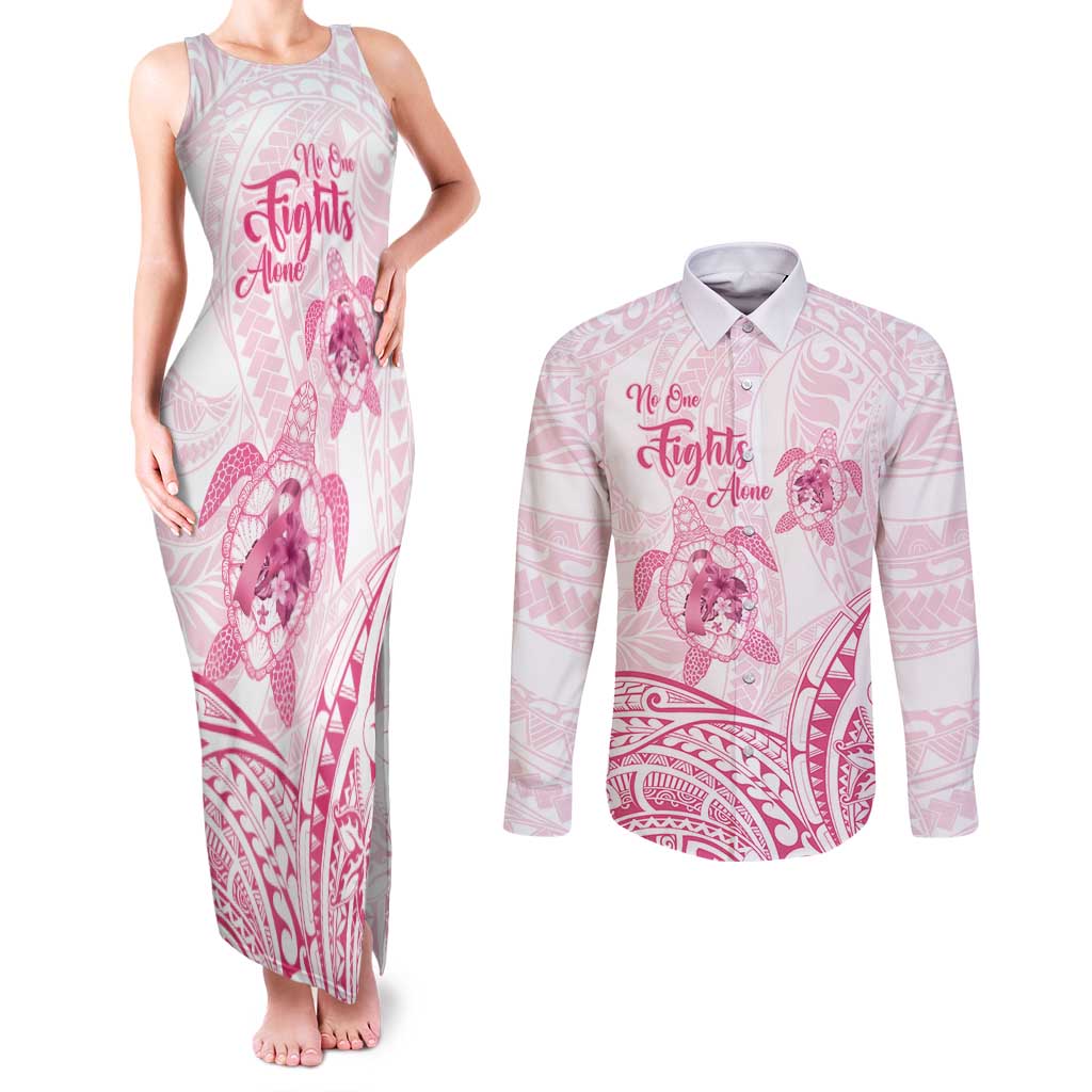 Personalised Polynesia Breast Cancer Awareness Couples Matching Tank Maxi Dress and Long Sleeve Button Shirt No One Fights Alone Turtle Ribbon - White Version