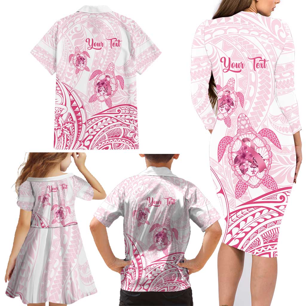 Personalised Polynesia Breast Cancer Awareness Family Matching Long Sleeve Bodycon Dress and Hawaiian Shirt No One Fights Alone Turtle Ribbon - White Version