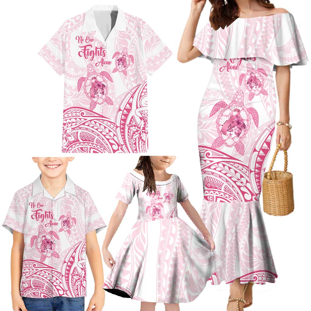 Personalised Polynesia Breast Cancer Awareness Family Matching Mermaid Dress and Hawaiian Shirt No One Fights Alone Turtle Ribbon - White Version