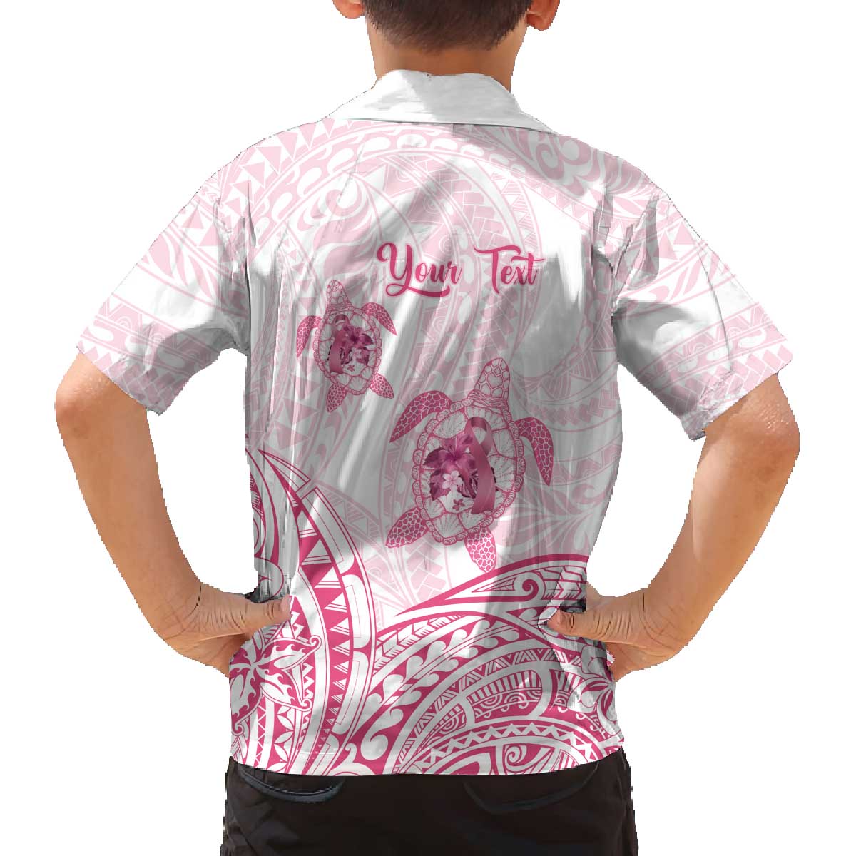 Personalised Polynesia Breast Cancer Awareness Family Matching Puletasi and Hawaiian Shirt No One Fights Alone Turtle Ribbon - White Version