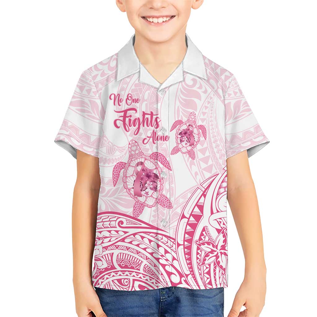 Personalised Polynesia Breast Cancer Awareness Kid Hawaiian Shirt No One Fights Alone Turtle Ribbon - White Version