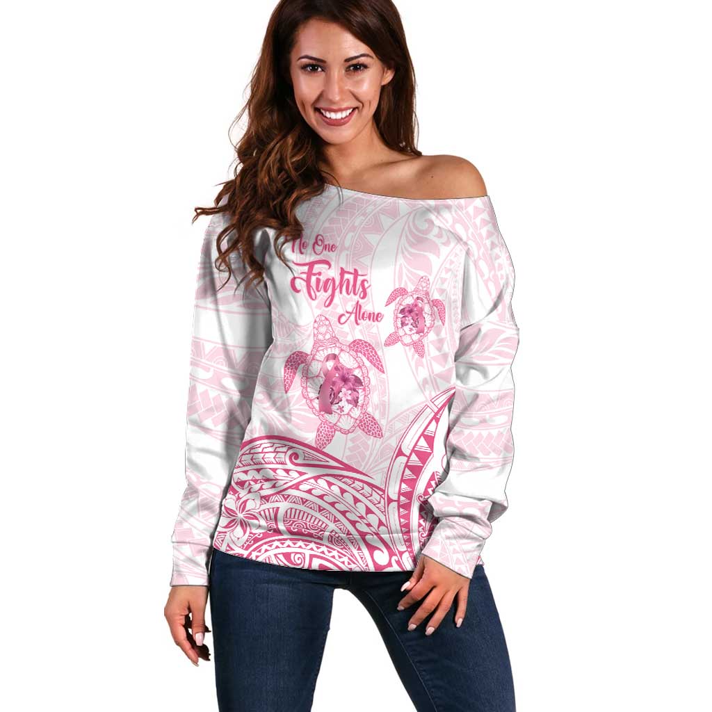 Personalised Polynesia Breast Cancer Awareness Off Shoulder Sweater No One Fights Alone Turtle Ribbon - White Version