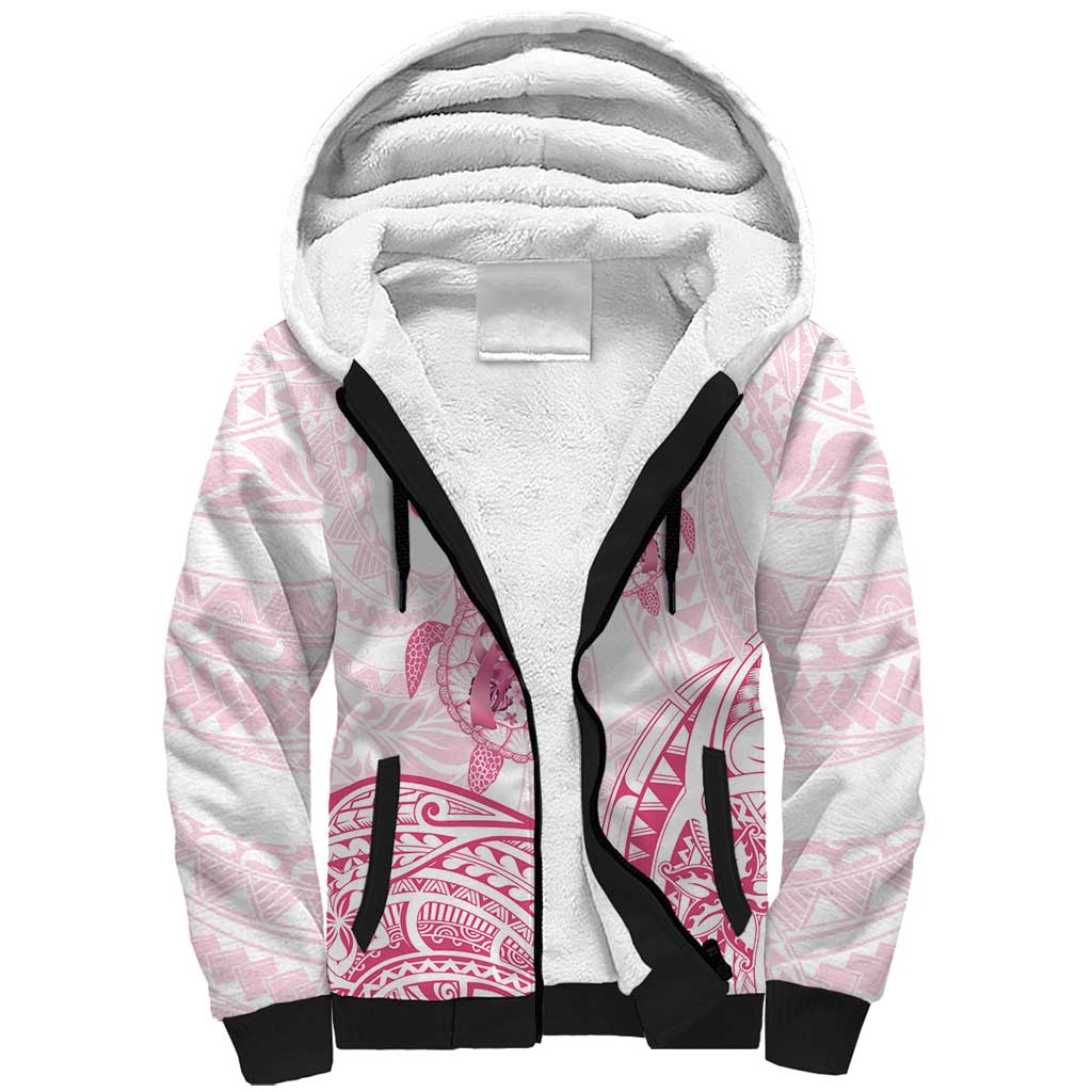 Personalised Polynesia Breast Cancer Awareness Sherpa Hoodie No One Fights Alone Turtle Ribbon - White Version