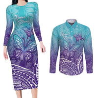 Polynesia Suicide Prevention Month Couples Matching Long Sleeve Bodycon Dress and Long Sleeve Button Shirt Butterfly Purple And Teal Ribbon Tomorrow Needs You LT14 Teal - Polynesian Pride