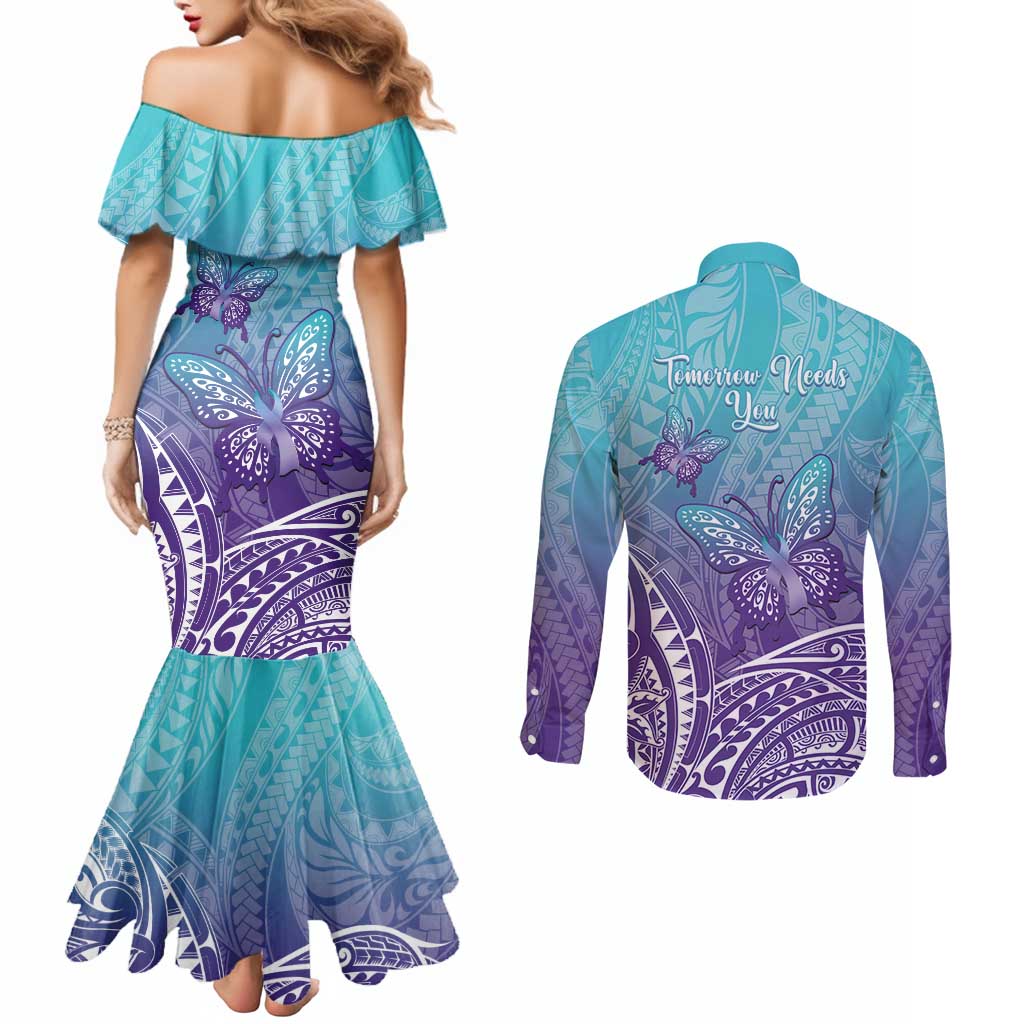 Polynesia Suicide Prevention Month Couples Matching Mermaid Dress and Long Sleeve Button Shirt Butterfly Purple And Teal Ribbon Tomorrow Needs You LT14 - Polynesian Pride