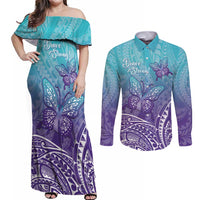 Polynesia Suicide Prevention Month Couples Matching Off Shoulder Maxi Dress and Long Sleeve Button Shirt Butterfly Purple And Teal Ribbon Tomorrow Needs You LT14 Teal - Polynesian Pride