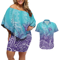 Polynesia Suicide Prevention Month Couples Matching Off Shoulder Short Dress and Hawaiian Shirt Butterfly Purple And Teal Ribbon Tomorrow Needs You LT14 Teal - Polynesian Pride