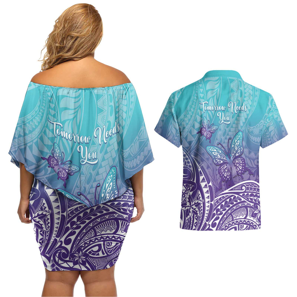 Polynesia Suicide Prevention Month Couples Matching Off Shoulder Short Dress and Hawaiian Shirt Butterfly Purple And Teal Ribbon Tomorrow Needs You LT14 - Polynesian Pride
