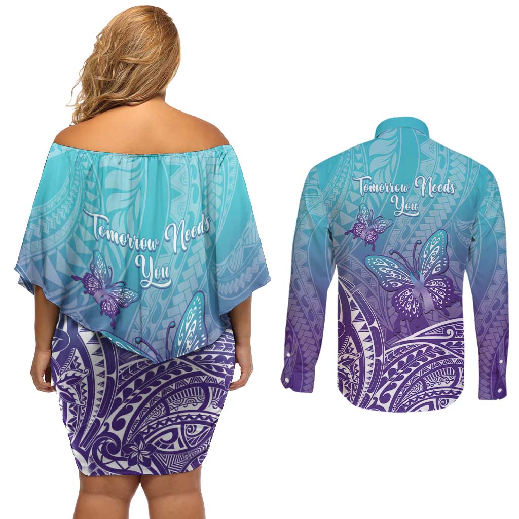 Polynesia Suicide Prevention Month Couples Matching Off Shoulder Short Dress and Long Sleeve Button Shirt Butterfly Purple And Teal Ribbon Tomorrow Needs You LT14 - Polynesian Pride