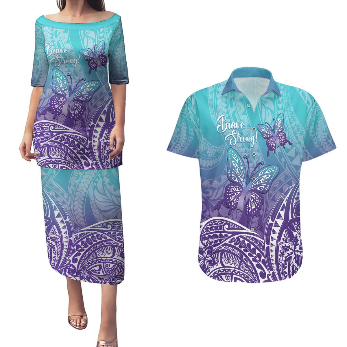Polynesia Suicide Prevention Month Couples Matching Puletasi and Hawaiian Shirt Butterfly Purple And Teal Ribbon Tomorrow Needs You LT14 Teal - Polynesian Pride