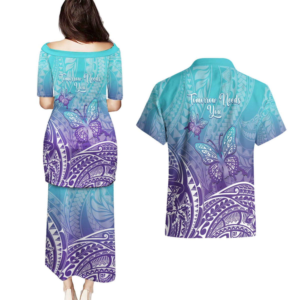 Polynesia Suicide Prevention Month Couples Matching Puletasi and Hawaiian Shirt Butterfly Purple And Teal Ribbon Tomorrow Needs You LT14 - Polynesian Pride