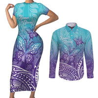 Polynesia Suicide Prevention Month Couples Matching Short Sleeve Bodycon Dress and Long Sleeve Button Shirt Butterfly Purple And Teal Ribbon Tomorrow Needs You LT14 Teal - Polynesian Pride