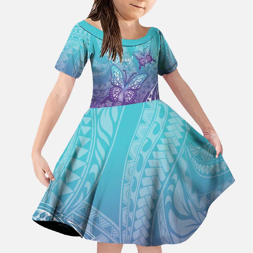 Polynesia Suicide Prevention Month Family Matching Off Shoulder Maxi Dress and Hawaiian Shirt Butterfly Purple And Teal Ribbon Tomorrow Needs You LT14 Daughter's Dress Teal - Polynesian Pride