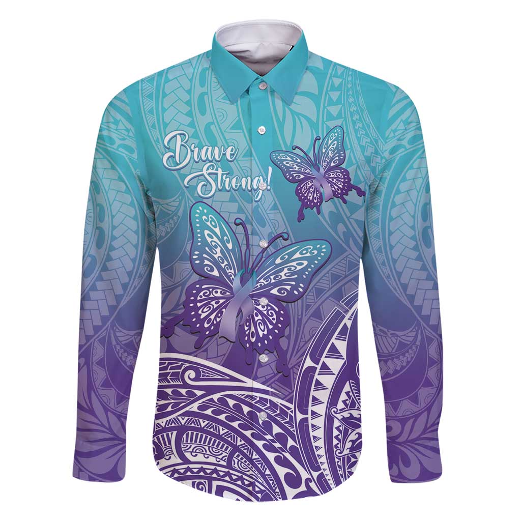 Polynesia Suicide Prevention Month Family Matching Off Shoulder Maxi Dress and Hawaiian Shirt Butterfly Purple And Teal Ribbon Tomorrow Needs You LT14 Dad's Shirt - Long Sleeve Teal - Polynesian Pride