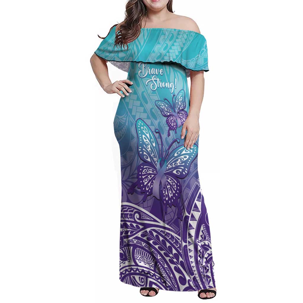 Polynesia Suicide Prevention Month Family Matching Off Shoulder Maxi Dress and Hawaiian Shirt Butterfly Purple And Teal Ribbon Tomorrow Needs You LT14 Mom's Dress Teal - Polynesian Pride