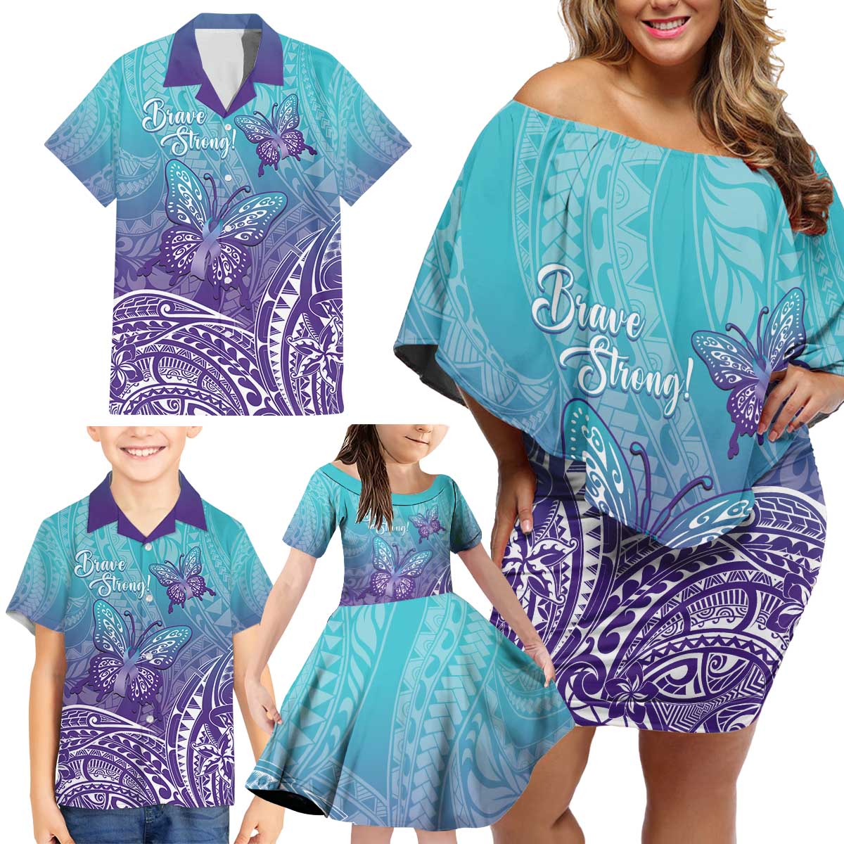 Polynesia Suicide Prevention Month Family Matching Off Shoulder Short Dress and Hawaiian Shirt Butterfly Purple And Teal Ribbon Tomorrow Needs You LT14 - Polynesian Pride