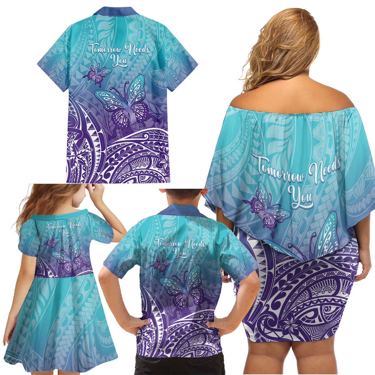 Polynesia Suicide Prevention Month Family Matching Off Shoulder Short Dress and Hawaiian Shirt Butterfly Purple And Teal Ribbon Tomorrow Needs You LT14 - Polynesian Pride