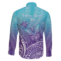 Polynesia Suicide Prevention Month Family Matching Off Shoulder Short Dress and Hawaiian Shirt Butterfly Purple And Teal Ribbon Tomorrow Needs You LT14 - Polynesian Pride