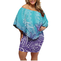 Polynesia Suicide Prevention Month Family Matching Off Shoulder Short Dress and Hawaiian Shirt Butterfly Purple And Teal Ribbon Tomorrow Needs You LT14 Mom's Dress Teal - Polynesian Pride