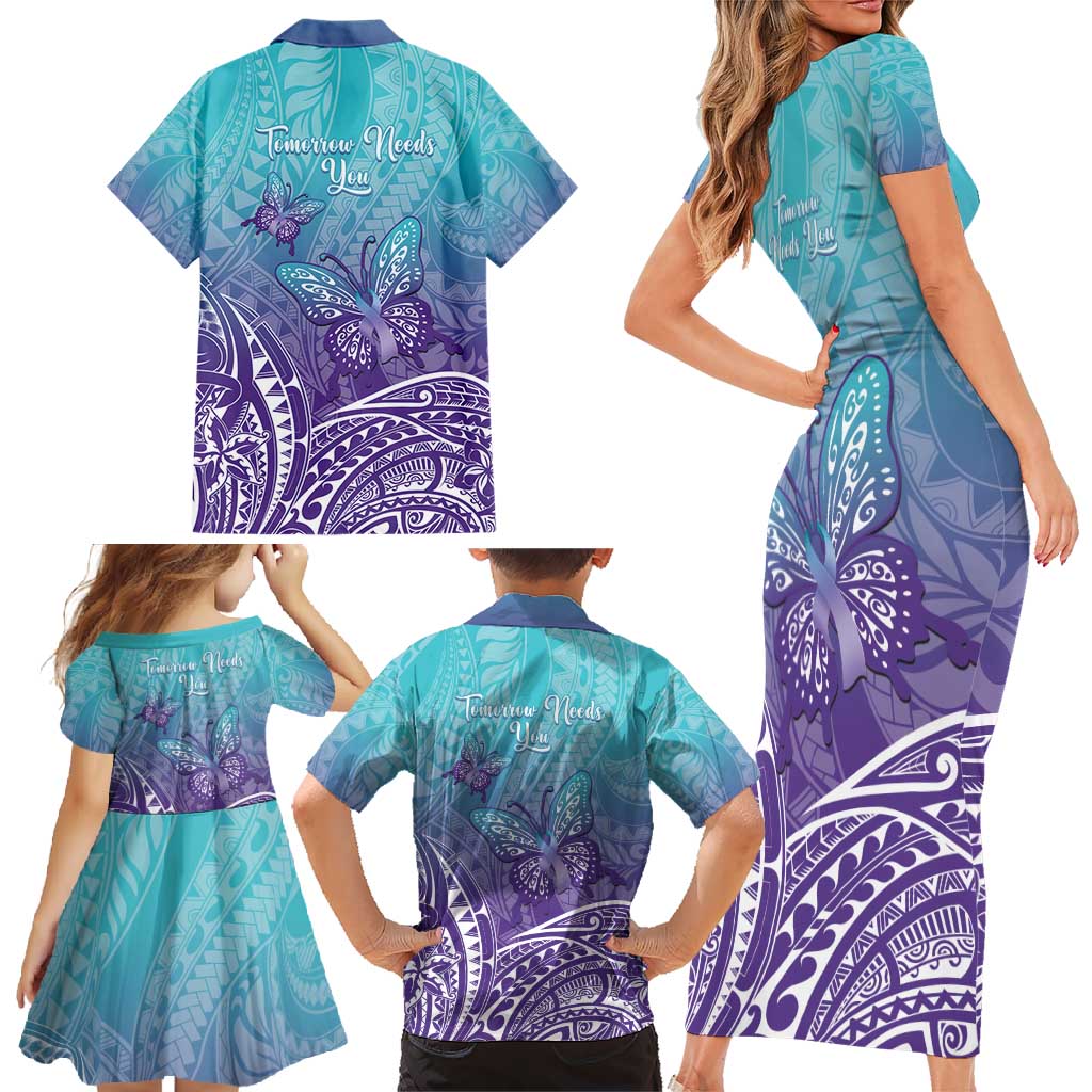 Polynesia Suicide Prevention Month Family Matching Short Sleeve Bodycon Dress and Hawaiian Shirt Butterfly Purple And Teal Ribbon Tomorrow Needs You LT14 - Polynesian Pride