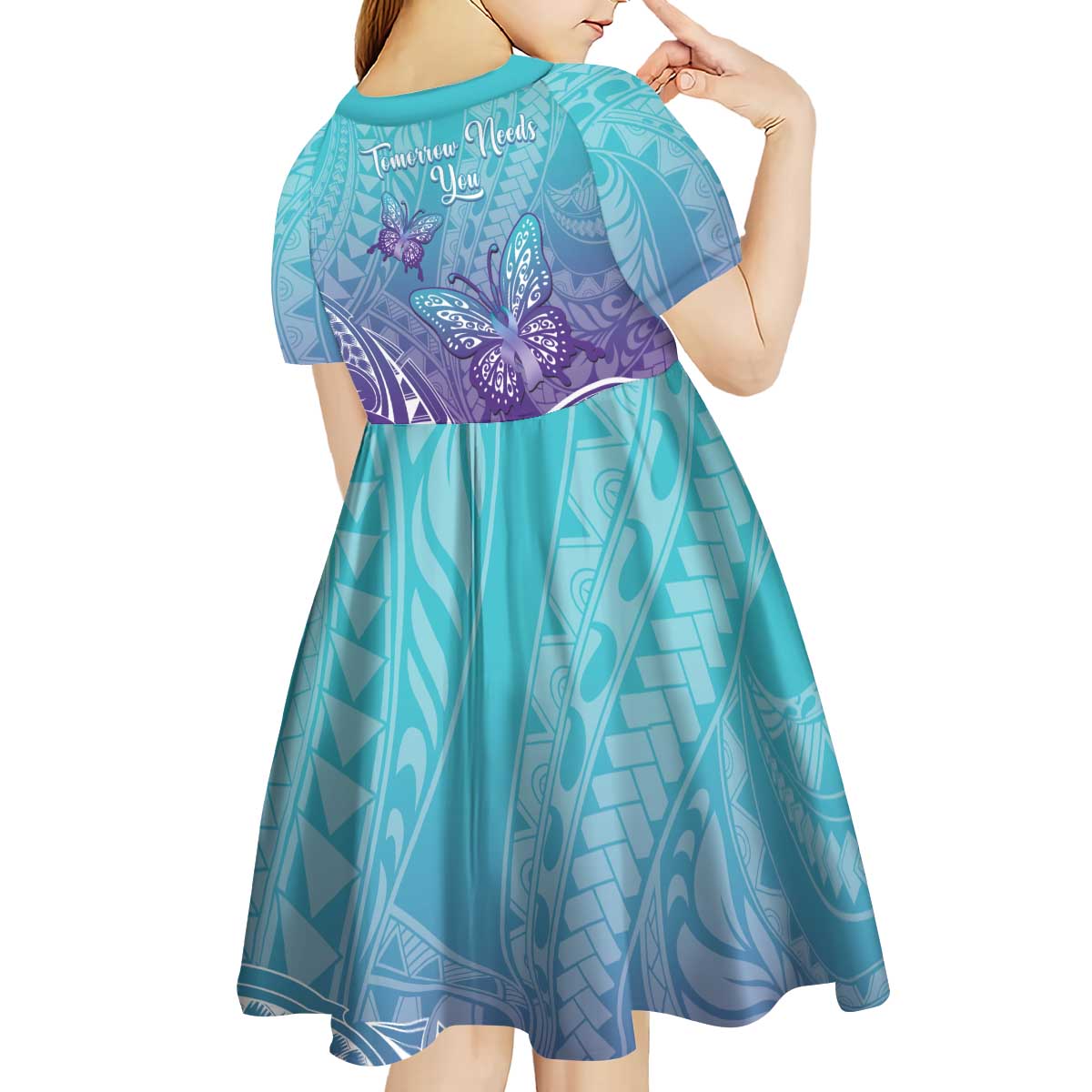 Polynesia Suicide Prevention Month Kid Short Sleeve Dress Butterfly Purple And Teal Ribbon Tomorrow Needs You