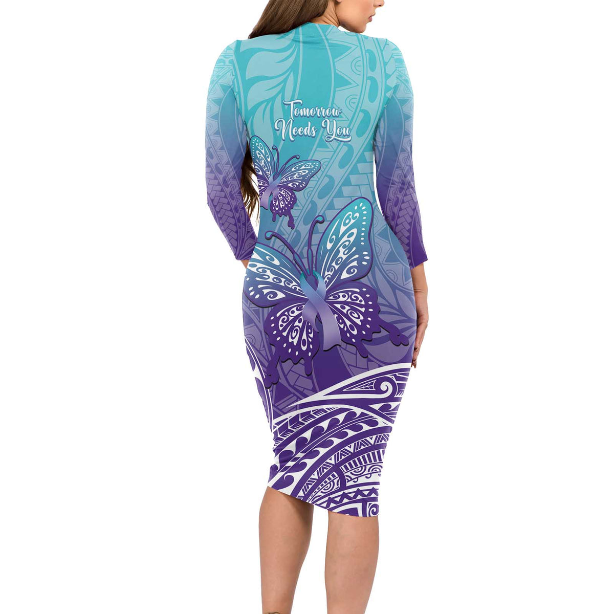 Polynesia Suicide Prevention Month Long Sleeve Bodycon Dress Butterfly Purple And Teal Ribbon Tomorrow Needs You