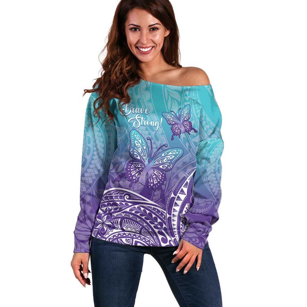 Polynesia Suicide Prevention Month Off Shoulder Sweater Butterfly Purple And Teal Ribbon Tomorrow Needs You