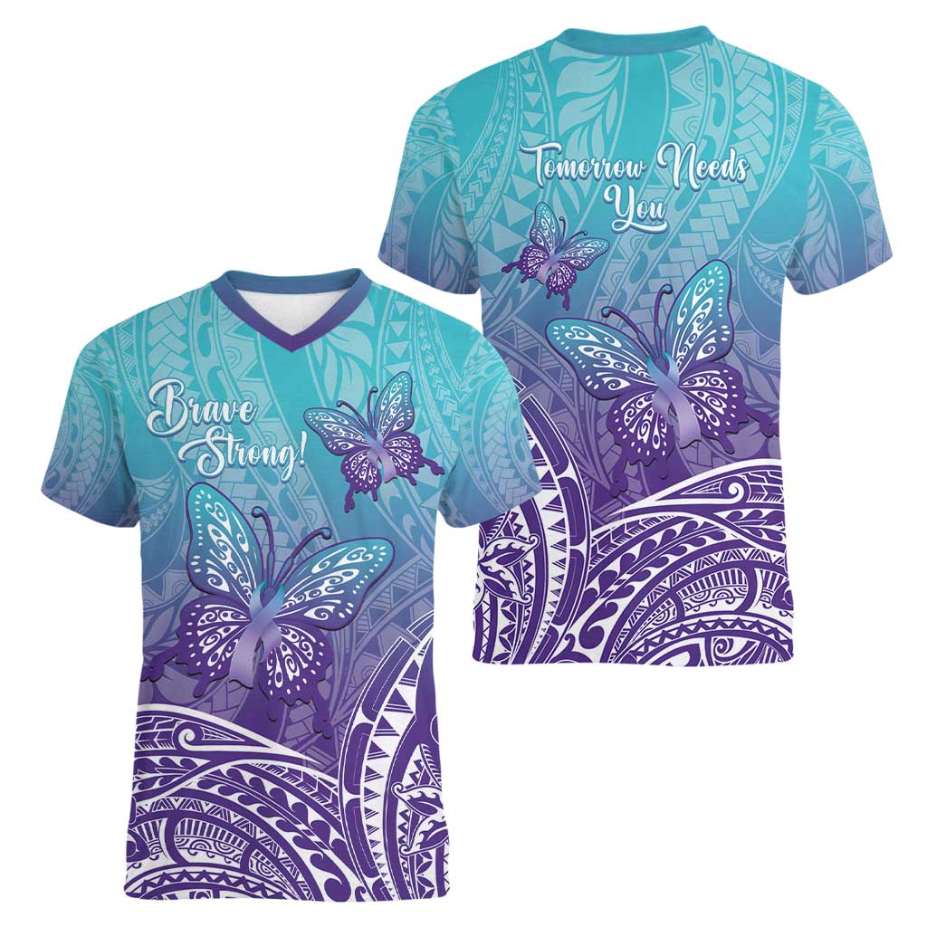 Polynesia Suicide Prevention Month Women V-Neck T-Shirt Butterfly Purple And Teal Ribbon Tomorrow Needs You