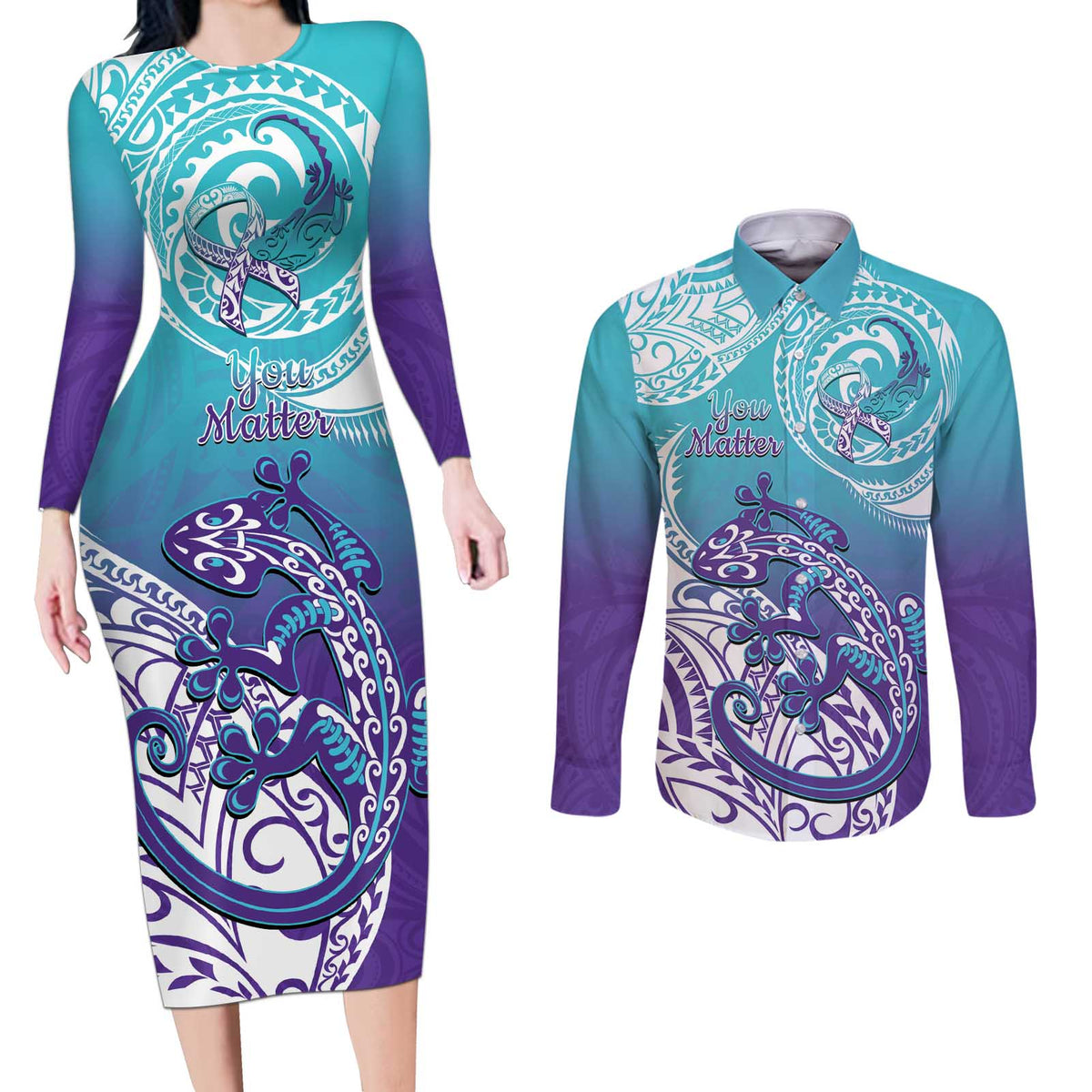 Personalised New Zealand Suicide Prevention Month Couples Matching Long Sleeve Bodycon Dress and Long Sleeve Button Shirt You Matter NZ Fern With Maori Koru Lizard LT14 Teal - Polynesian Pride