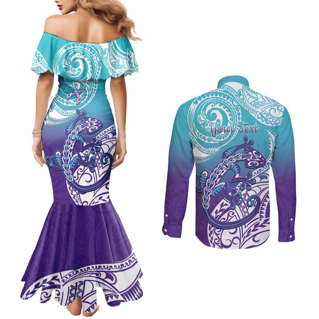 Personalised New Zealand Suicide Prevention Month Couples Matching Mermaid Dress and Long Sleeve Button Shirt You Matter NZ Fern With Maori Koru Lizard LT14 - Polynesian Pride