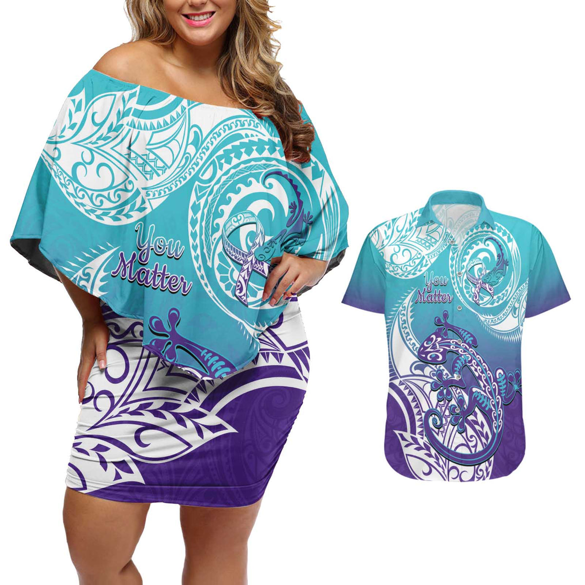 Personalised New Zealand Suicide Prevention Month Couples Matching Off Shoulder Short Dress and Hawaiian Shirt You Matter NZ Fern With Maori Koru Lizard LT14 Teal - Polynesian Pride