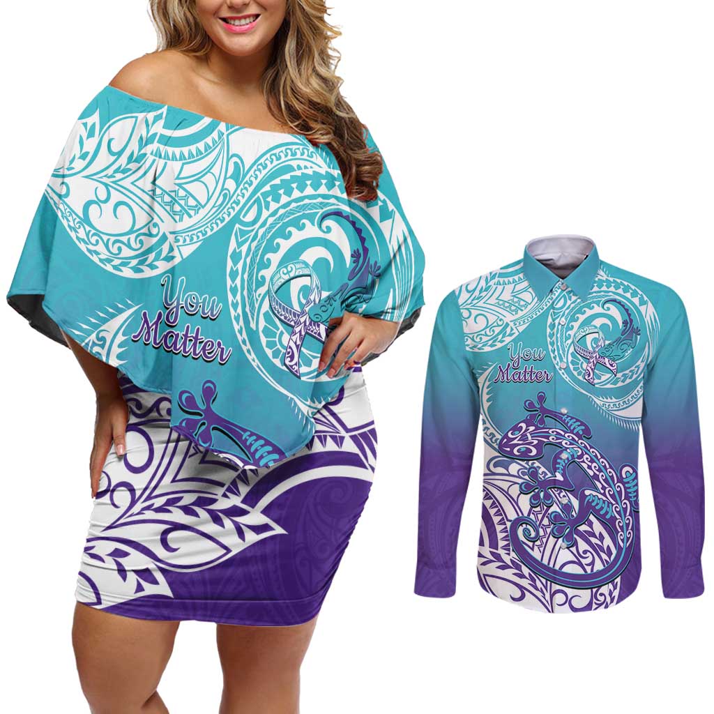 Personalised New Zealand Suicide Prevention Month Couples Matching Off Shoulder Short Dress and Long Sleeve Button Shirt You Matter NZ Fern With Maori Koru Lizard LT14 Teal - Polynesian Pride