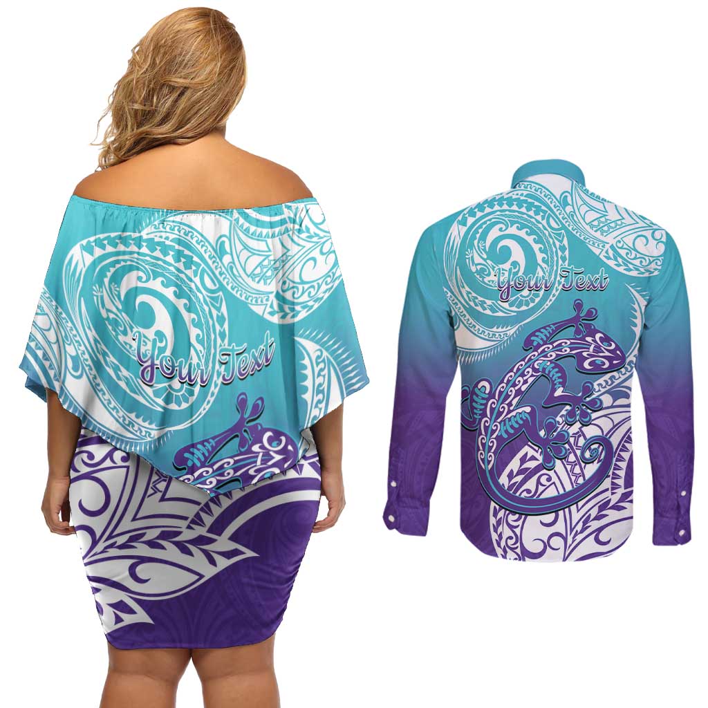 Personalised New Zealand Suicide Prevention Month Couples Matching Off Shoulder Short Dress and Long Sleeve Button Shirt You Matter NZ Fern With Maori Koru Lizard LT14 - Polynesian Pride